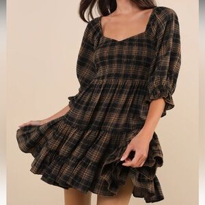 Lulus - No One Cuter Black and Tan Plaid Puff Sleeve Tiered Mini Dress
